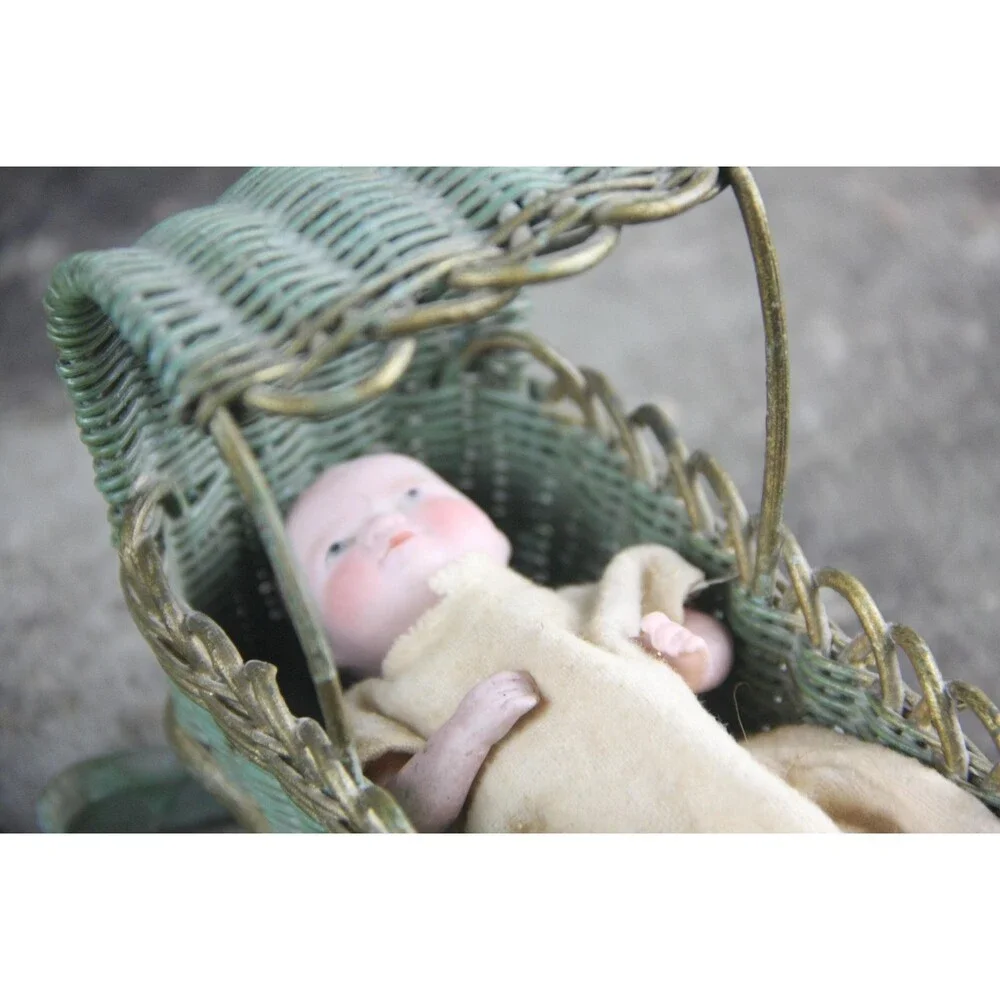 Antique One-Of-A-Kind Miniature China Doll in Wicker Cradle